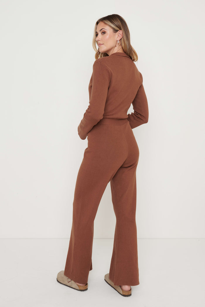 Meg Is 5'9" & Wears Size UK S|Daisy Wide Leg Knit Jumpsuit- Brown