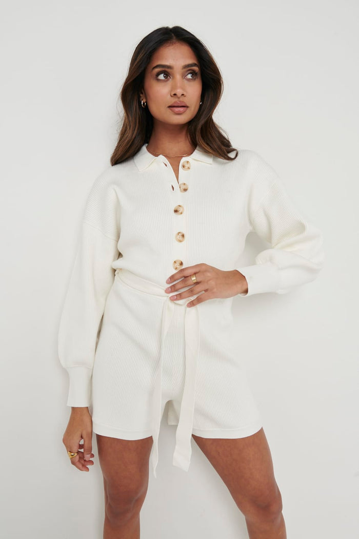 Darcie Balloon Sleeve Knit Playsuit - Cream