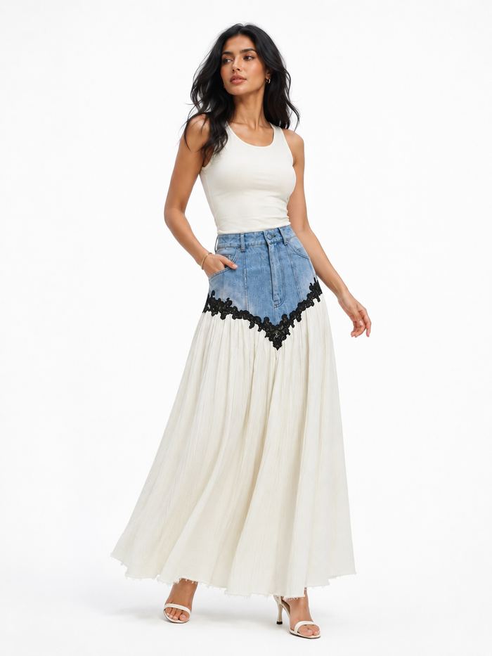 Denim Lace Pleated Maxi Skirt - Harmony