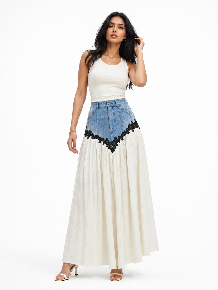 Denim Lace Pleated Maxi Skirt - Harmony