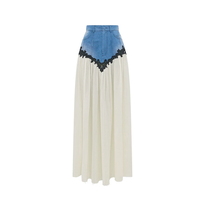 Denim Lace Pleated Maxi Skirt - Harmony