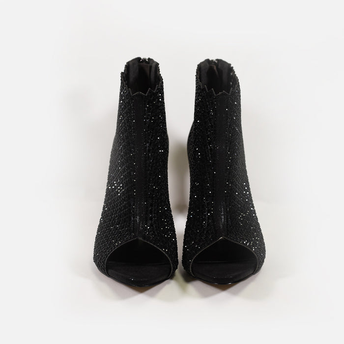 Pair of Carbon black rhinestone stiletto evening heels with sparkly peep-toe mesh cutout design and back zipper.