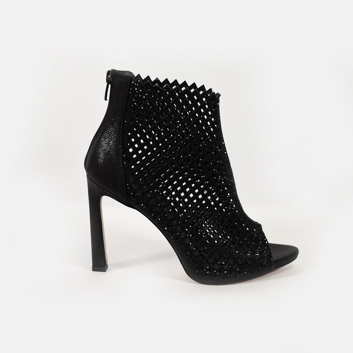 Black rhinestone stiletto heels with a diamond cutout mesh pattern, peep toe, and rear zipper closure for evening wear.