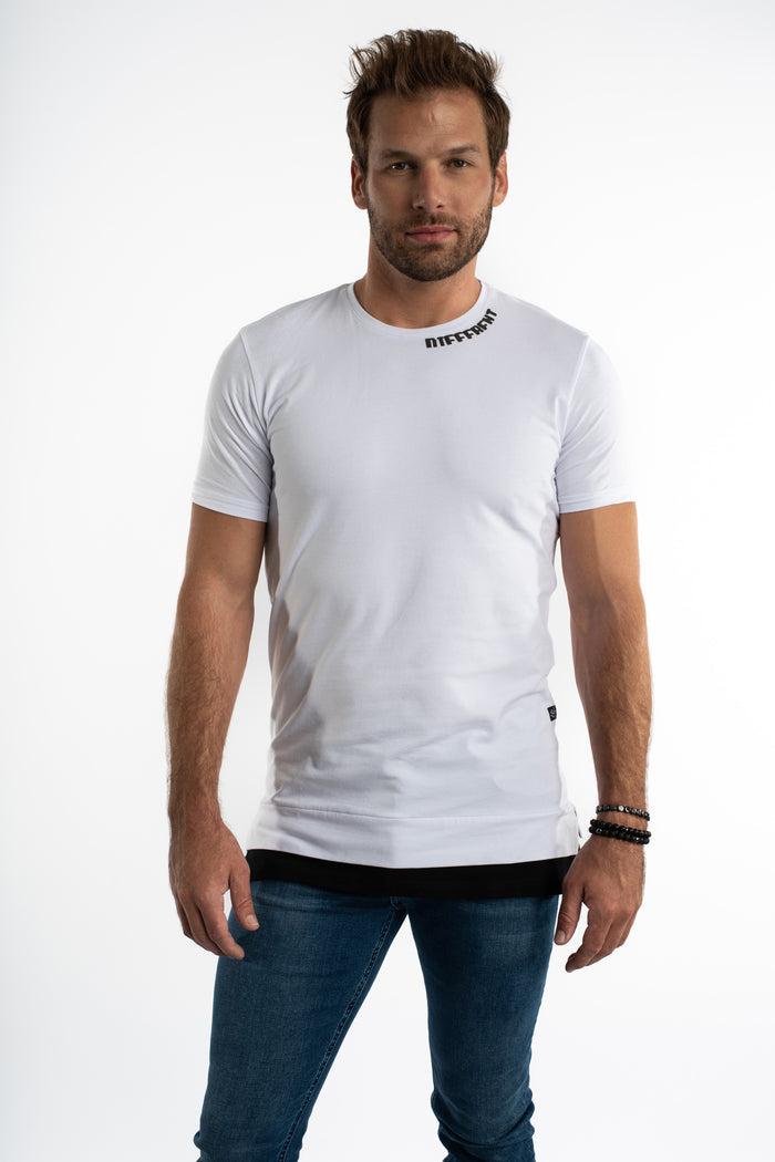 Men's white streetwear tee with DIFFERENT collar embroidery, relaxed fit, and layered black hem detail.
