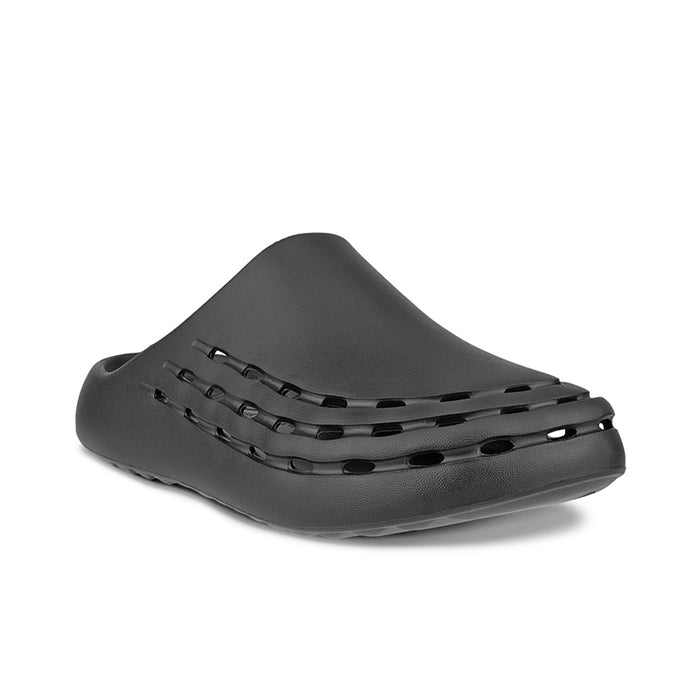 Men's black slide sandals with perforated strap and molded footbed