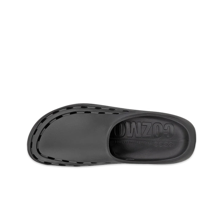 Black rubber sandal outsole with tread pattern and ECCO logo