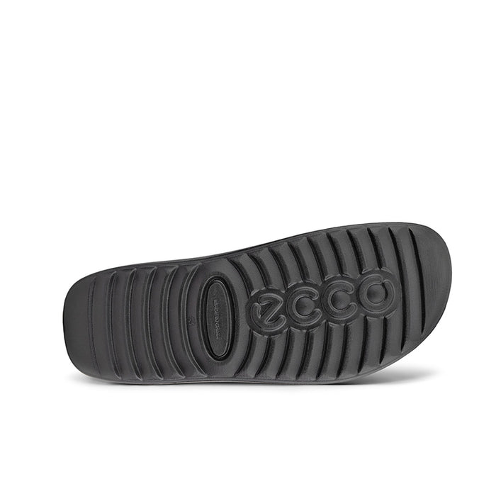 Black rubber sandal outsole tread with ECCO logo emblem