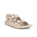 Beige three-strap nubuck sandals with adjustable buckles and cushioned footbed