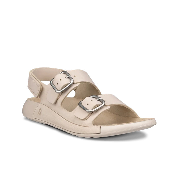 Beige three-strap nubuck sandals with adjustable buckles and cushioned footbed