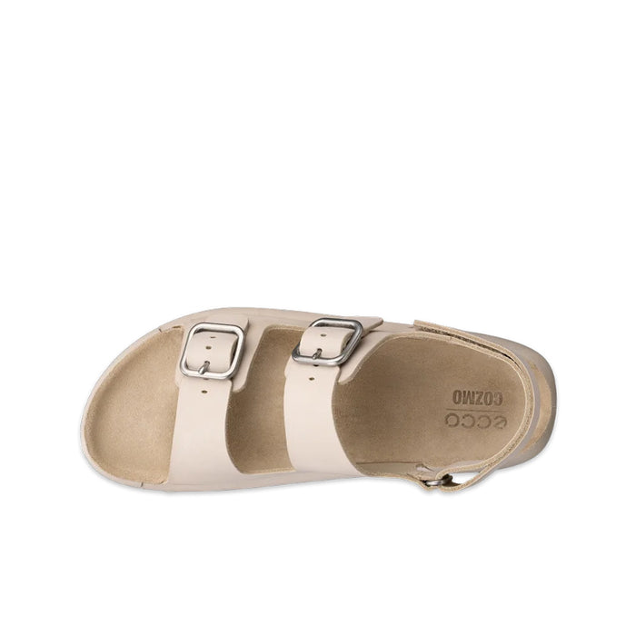 Beige sandals with two front straps, silver buckles, and padded collar