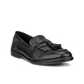 Black leather loafer with fringed tassel detail and lace-up strap, low heel