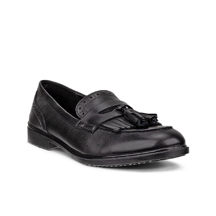 Black leather loafer with fringed tassel detail and lace-up strap, low heel