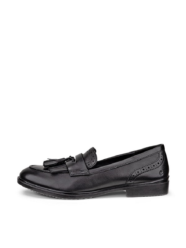 Black leather loafer, side view, tassel fringe and decorative buckle strap