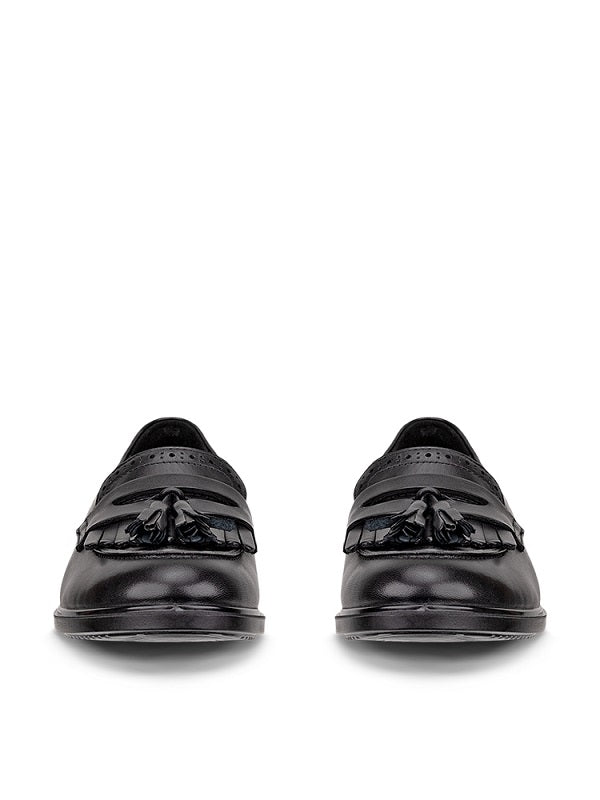 Pair of black leather loafers, front view, tassel fringe and perforated detailing