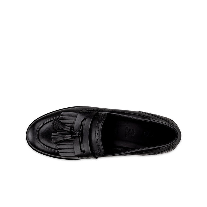 Black leather loafer with fringed tassel detail and decorative stitching, closed toe