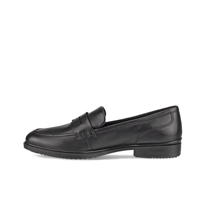 Black leather loafer with strap detail and low block heel, side view
