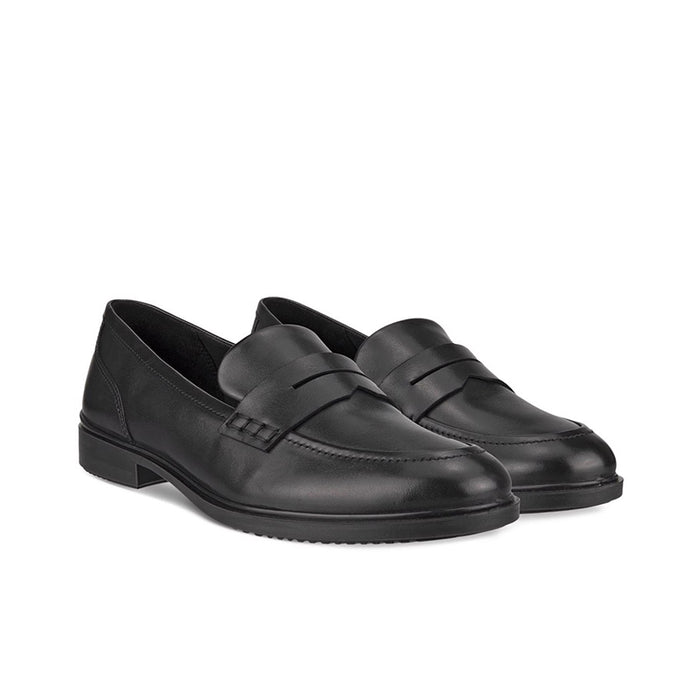 Pair of black leather loafers with strap detail and low block heel, front view