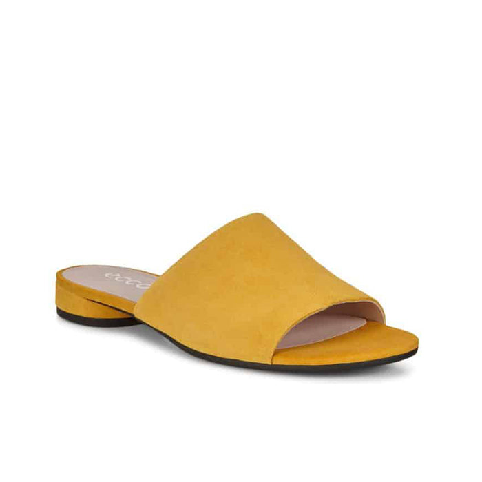 Yellow leather slide sandal with wide band and flat sole