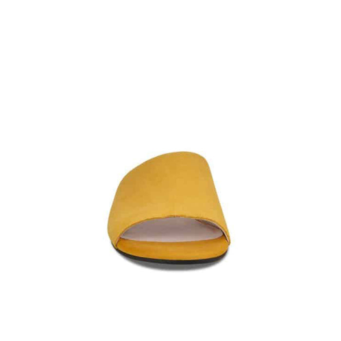 Yellow leather slide sandal with open toe and cushioned footbed