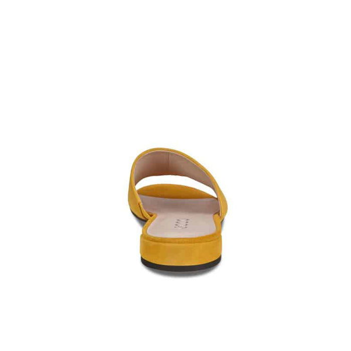 Yellow leather slide sandal with thong-style strap and cushioned insole