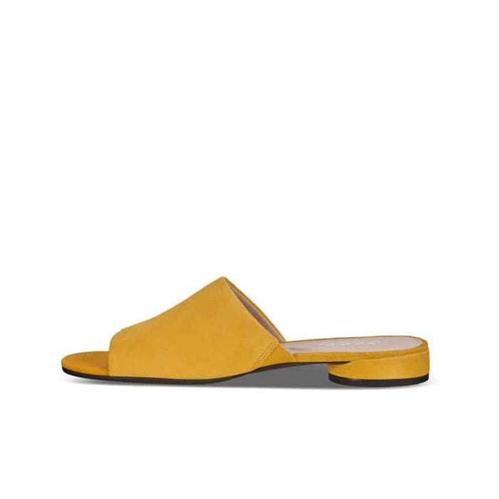 Yellow leather flat slide sandal with open toe and dark rubber outsole