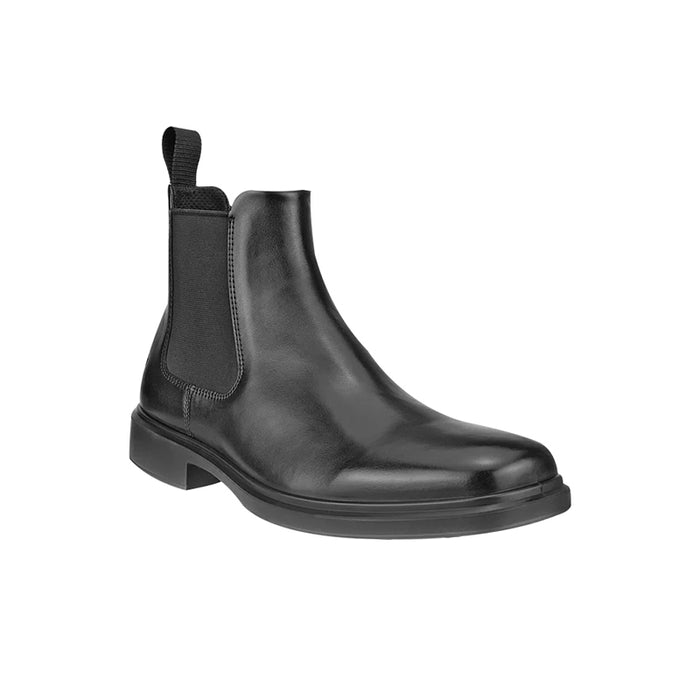 Men's black leather Chelsea boots with side elastic panels and pull-on tab