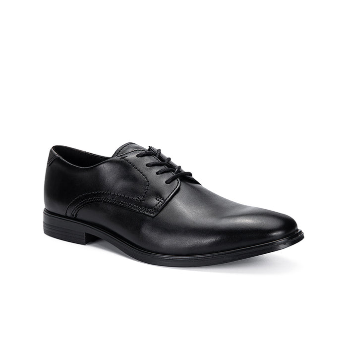 Men's derby leather formal shoes, black, lace-up with classic toe cap and stitching