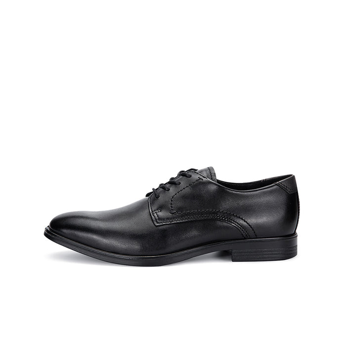 Men's derby leather formal shoes, black, side angle with lace-up and textured stitching