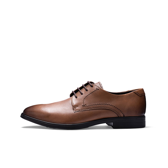 Men's derby leather formal shoes, tan brown, lace-up with stitched wing-style seam