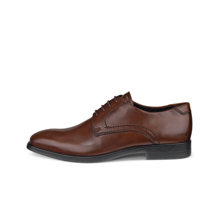 Men's derby leather formal shoes, brown, lace-up with side panel seam and low heel