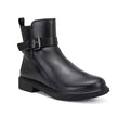 Black leather ankle boots with side buckle strap and low block heel
