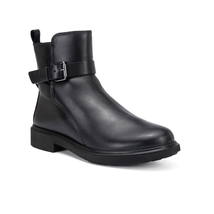 Black leather ankle boots with side buckle strap and low block heel