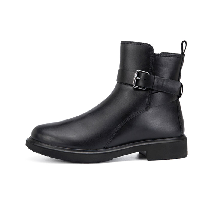 Black leather ankle boots with buckle strap, rounded toe, and short heel