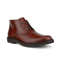 Brown leather lace-up chukka boots for men with stitched side panels and dark sole