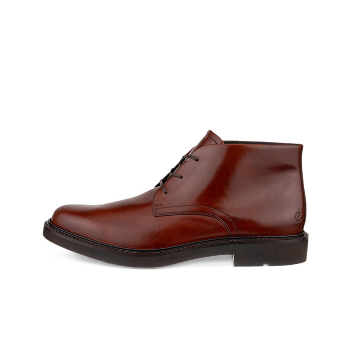 Brown leather lace-up chukka boots for men with low heel, rounded toe, and seam detail