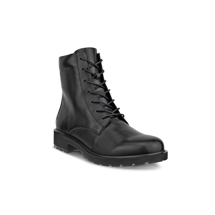 Women's black leather lace-up ankle boot with padded collar and rugged rubber sole