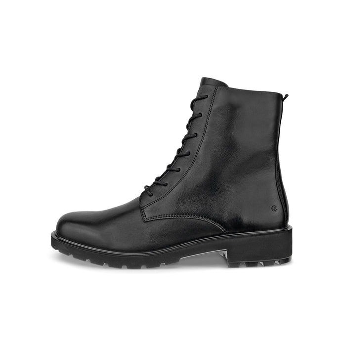 Women's black leather lace-up ankle boot with side pull tab and lug rubber sole