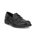 Black leather slip-on loafer shoe with stitched strap and perforation accents