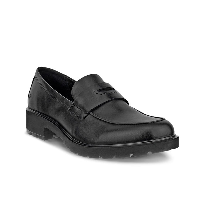 Black leather slip-on loafer shoe with stitched strap and perforation accents