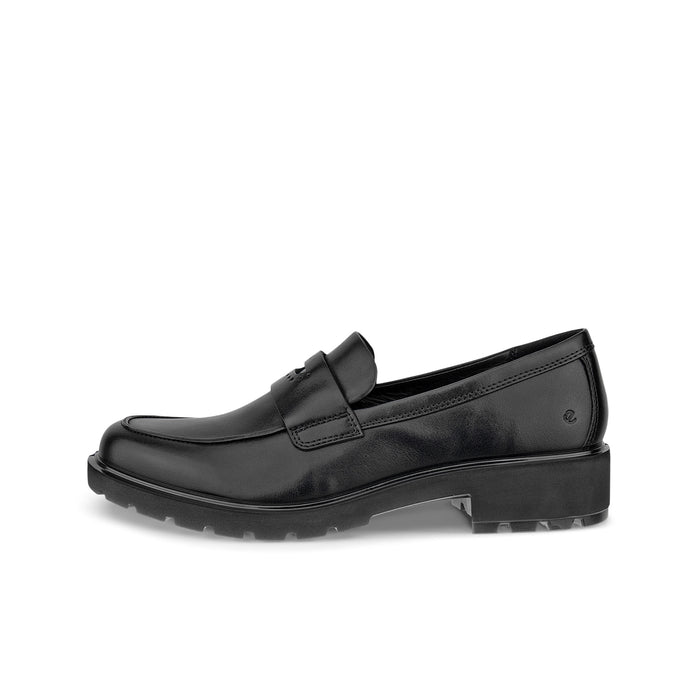 Black leather slip-on loafer with strap detail and tread sole