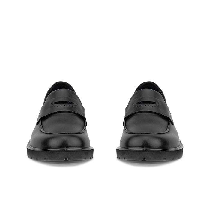 Black leather slip-on loafers, rear view, with cushioned heel and tread sole