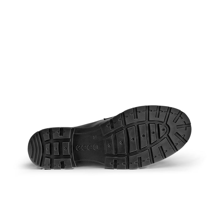 Black loafer outsole view with patterned tread and ECCO logo