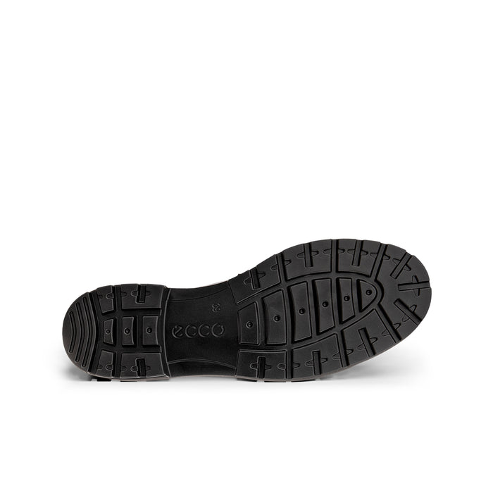 Brown loafer outsole view with patterned tread and ECCO logo