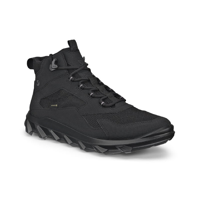 Black high-top hiking boot with lace-up front, side gore panel, and chunky tread sole