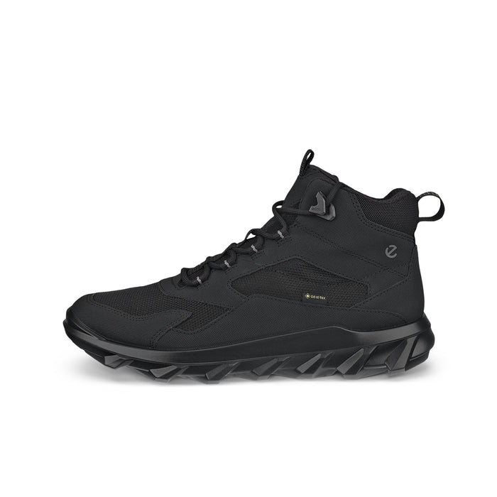 Black high-top hiking boot with lace-up closure, side gore panel, and rugged outsole