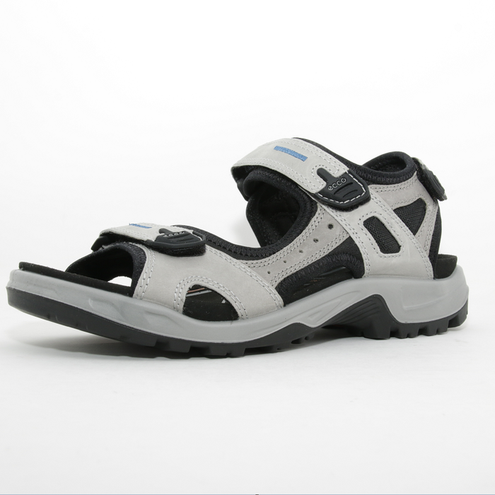 Men’s offroad sandals in light gray with black trim, two adjustable straps, and grippy sole