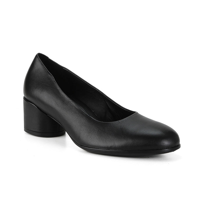 Black leather women’s loafers with block heel and slip-on design