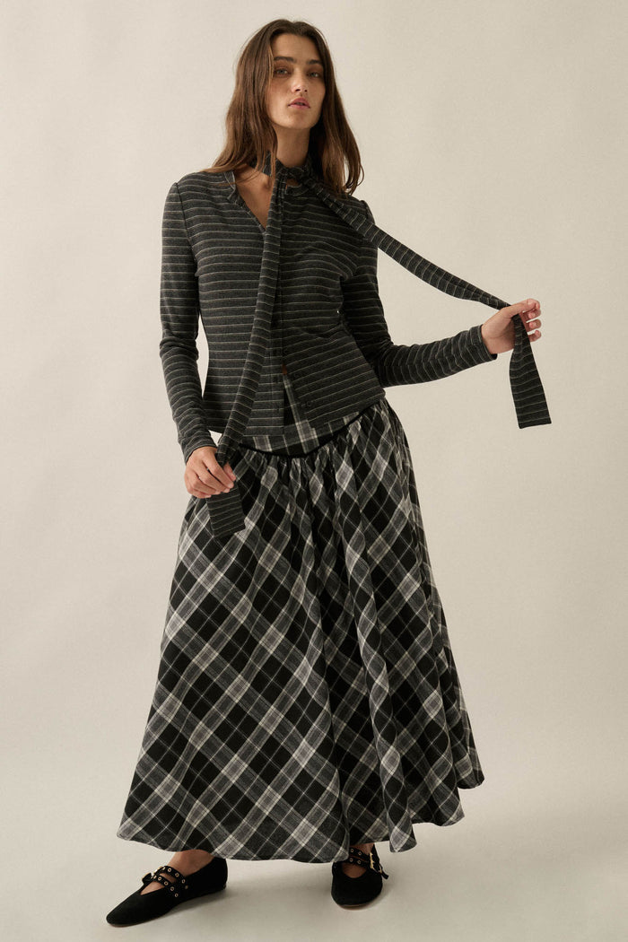 Edge of Forever Pinstripe Button-Up Top and Scarf - ShopPromesa