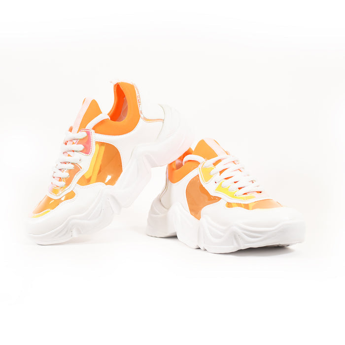 Edge White and Orange Trendy Sneakers with translucent side panels and chunky platform soles for urban streetwear style.