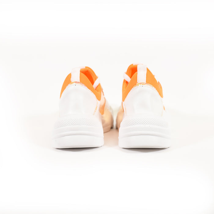 Rear view of Edge White Trendy Sneakers featuring chunky white platform soles and vibrant orange urban streetwear accents.